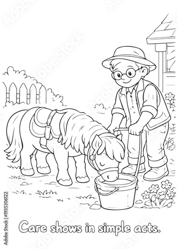 coloring book grandpa building a small shelter for his pony, crafting with careful hands