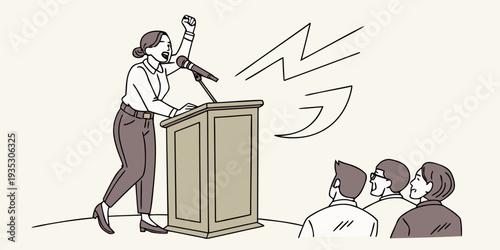 Public Speaker Delivering Message: An illustration of a poised public speaker standing confidently behind a wooden podium, addressing an unseen audience with a microphone and a speech ... See More
