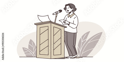 Public Speaker Delivering Message: An illustration of a poised public speaker standing confidently behind a wooden podium, addressing an unseen audience with a microphone and a speech ... See More
