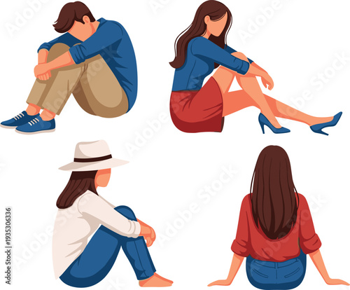 Four people sitting in different poses and outfits on white background cartoon