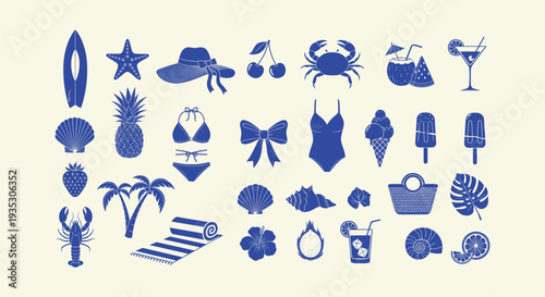 Summer Beach Holiday Vacation Travel Icons Set Tropical Ocean Elements Vector Design