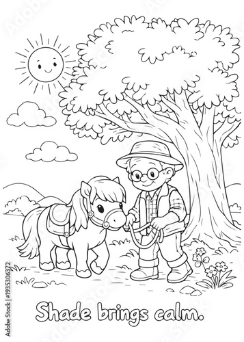 coloring book grandpa guiding his pony across a narrow plank, stepping safely together