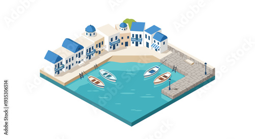 Isometric illustration of a quaint seaside village featuring white buildings with blue roofs, calm waters, and small boats, evoking a tranquil Mediterranean atmosphere.