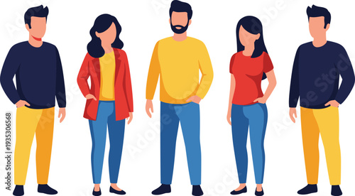 Five people standing in different poses and outfits cartoon faceless diverse
