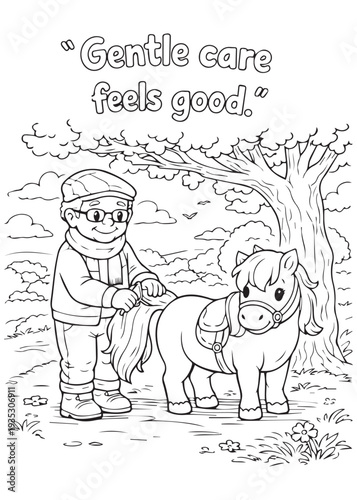 coloring book grandpa carrying supplies while his pony walks loyally by his side