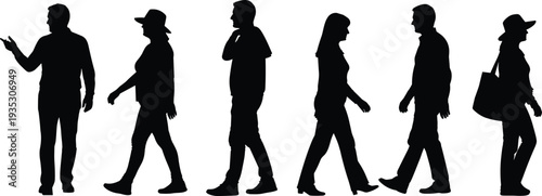 Black silhouettes of people walking in different poses white background