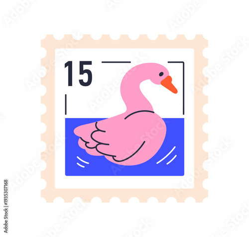 Swan in lake, pond, post stamp design. Postal mark with wild water bird, faun...
