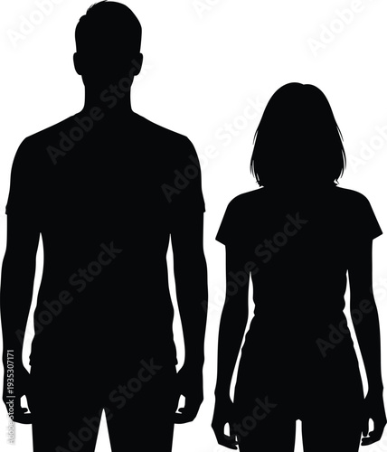Black silhouettes of man and woman standing side by side white background