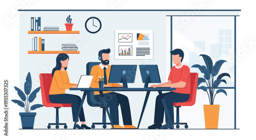 Three Professionals Working on Computers Office.