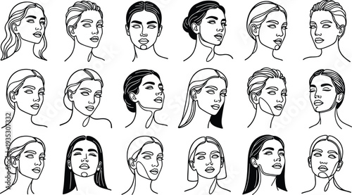 Minimalist collection of female face line art drawings featuring various hairstyles and facial expressions for beauty salon branding and fashion