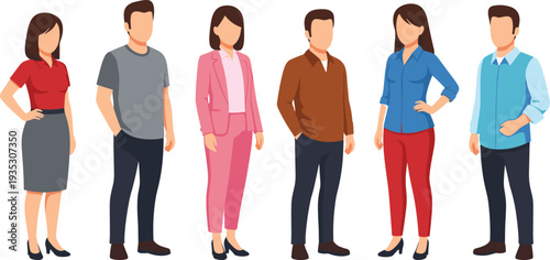 Six people standing in various casual business attire colorful flat white background