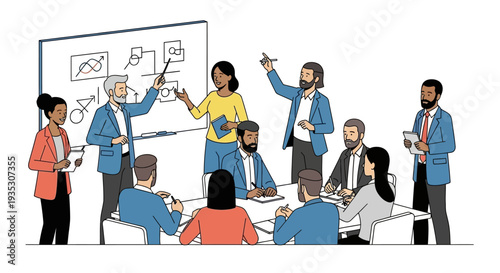 Business Team Discussing Project on Whiteboard.