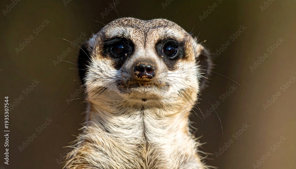 Fototapeta premium Close-up portrait of a meerkat with curious eyes, soft fur, and blurred brown background