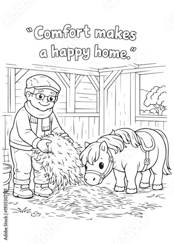 coloring book grandpa gently grooming his pony’s mane, giving soft comforting care