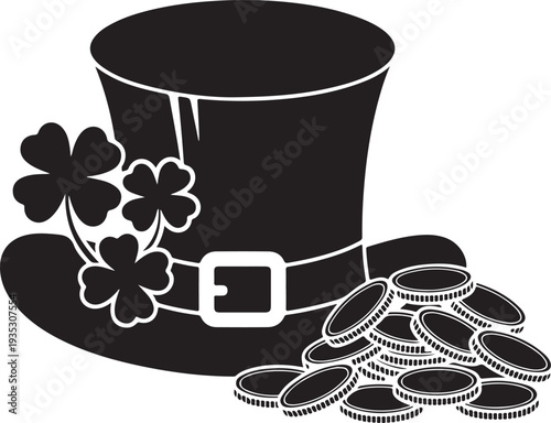 A dark silhouette of a traditional leprechaun hat with a pile of gold coins and green clovers