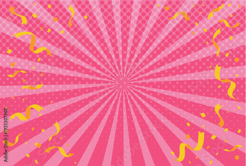 A bright and colorful sunburst background with radial rays, confetti, and light effects, creating a festive and eye‑catching atmosphere for promotions, sales, and advertisements. pink