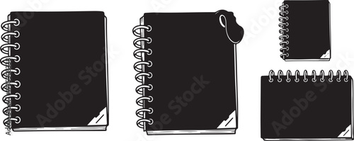 Collection of black spiral bound notebooks and journals