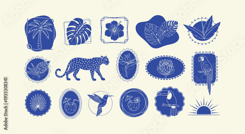 Exotic Tropical Nature Vacation Icons Set Palm Tree Flowers Wildlife Vector Collection