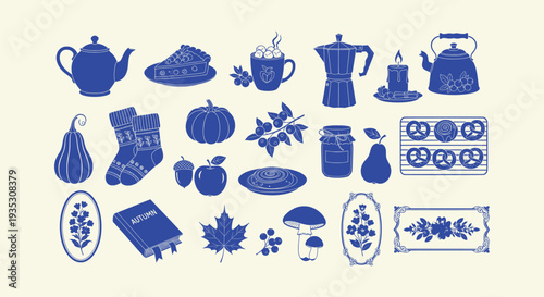 Charming Autumn Fall Season Flat Vector Icon Collection Warm Food Nature Comfort Elements