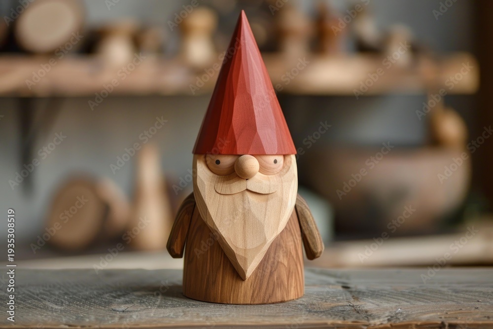 Fototapeta premium Hand carved wooden gnome figurine with red hat standing on a wooden table in a crafts workshop