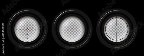 Photorealistic detailed sniper rifle scope aim pack isolated. Crosshair holographic sight. Aim shoot focus cursor. Bullseye mark targeting. Game aiming sight dot pointer. Vector illustration