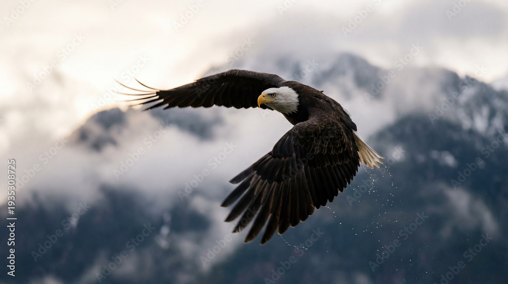 Obraz premium Bald Eagle Soaring Through Misty Mountain Clouds And Fog