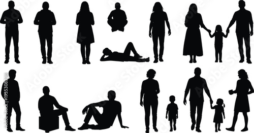 Black silhouettes of people in various poses on white background standing