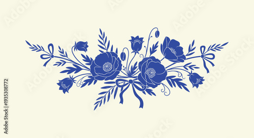 Elegant Blue Floral Vector Design with Poppies Bellflowers Ribbons Botanical Illustration