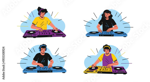 Diverse group of djs using dj controllers in a modern music setup illustration