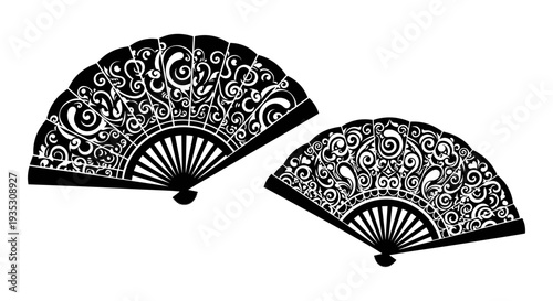 Elegant black and white intricately patterned decorative folding fans displayed side by side Vector, illustration