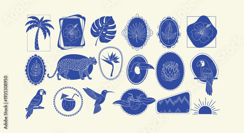 Exotic Tropical Jungle Safari Wildlife Botanical Vector Silhouette Design Elements Collection