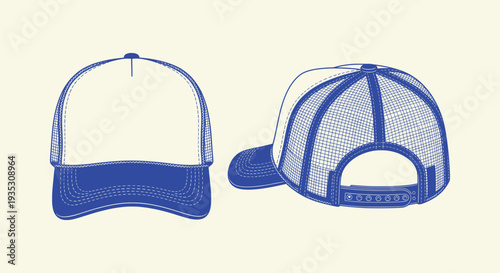 Blank Blue Trucker Cap Mockup Vector Template Front and Back Views Headwear