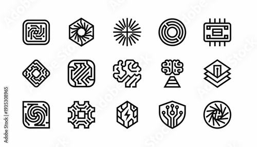 Abstract Technology Icons: AI, Circuits, Brains, Hexagons, Gears