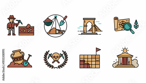 Archaeology Icons: Digging, Artifacts, Maps, Ruins, Museum