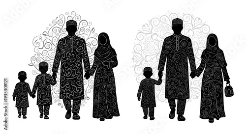 Two families walking together holding hands in a serene setting Vector, illustration
