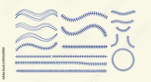 Blue Baseball Stitch Seam Lines Wavy Borders Vector Set Hand Drawn Elements