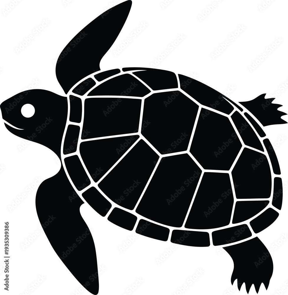 Obraz premium Black silhouette of a sea turtle swimming on a white background