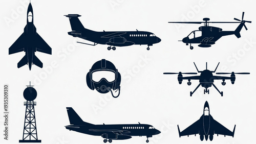 Aviation Military Icon Set – Air Combat and Airport Control Elements