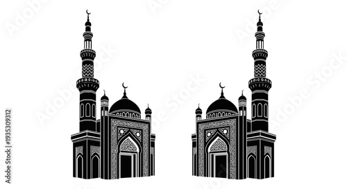 Intricate architectural designs of twin mosques with detailed minarets and domes Vector, illustration