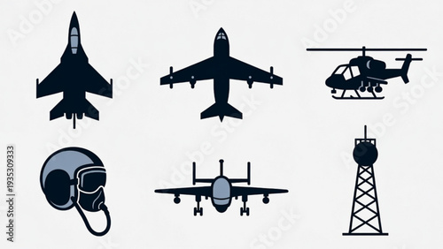 Aviation Military Icon Set – Air Combat and Airport Control Elements