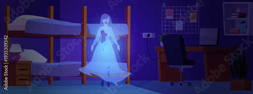 Dormitory or hostel interior bedroom in darkness with the ghost of a young woman with a bloody wound cartoon vector
