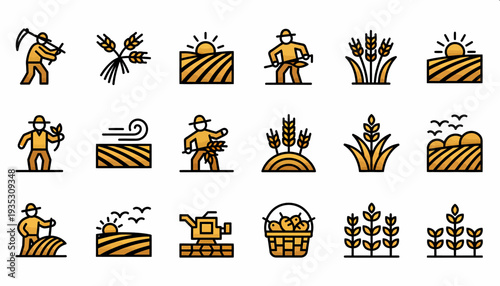 Farming Icons: Agriculture, Harvest, and Rural Life Set