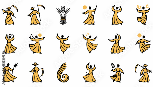 Harvest Dance Icons: Farmer, Scythe, Wheat, Sun, Joyful Motion