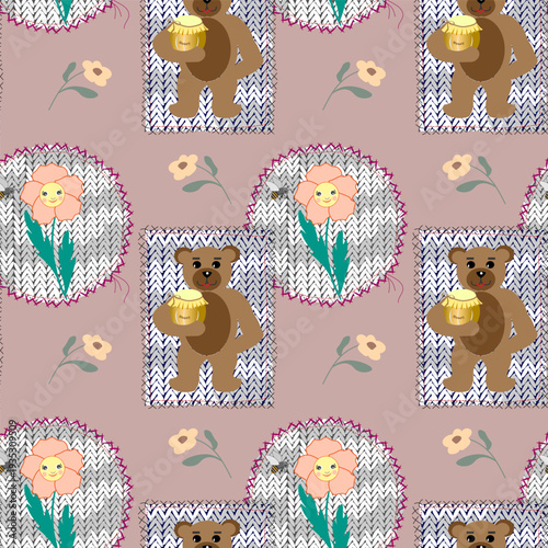  Cute teddy bear holding honey pot, handmade applique