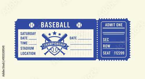 Vintage Baseball Game Championship Ticket Template Sport Event Admission Vector Illustration Design
