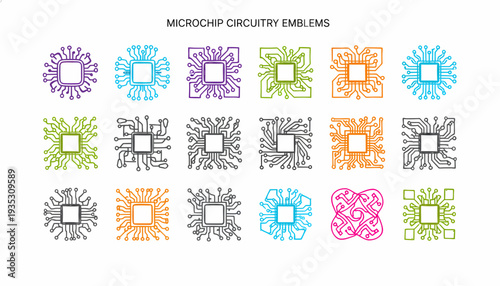Set of Microchip Circuitry Emblems, Technology Icons