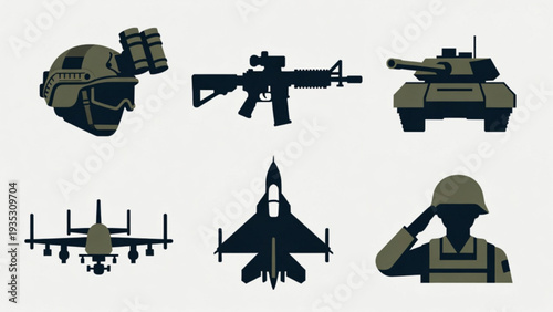 Military Aviation Icons Set – Fighter Jet, Helicopter, Pilot and Control Tower