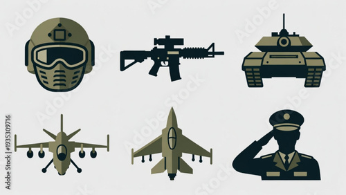 Military Aviation Icons Set – Fighter Jet, Helicopter, Pilot and Control Tower