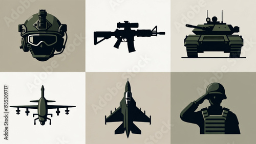 Military Aviation Icons Set – Fighter Jet, Helicopter, Pilot and Control Tower