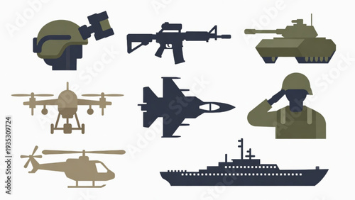 Military Aviation Icons Set – Fighter Jet, Helicopter, Pilot and Control Tower
